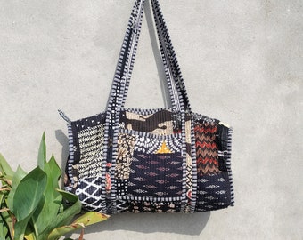 Quilted Patchwork Cotton Tote Bag: Floral Print Travel Shoulder Bag