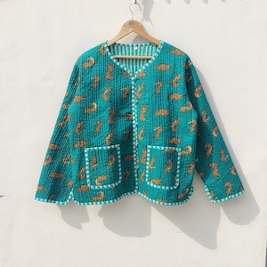 Tiger Hand Block Printed Quilted Cotton Jackets Green Floral Women&#39;s Coat | Reversible Bohemian Style Handmade Quilted Jackets