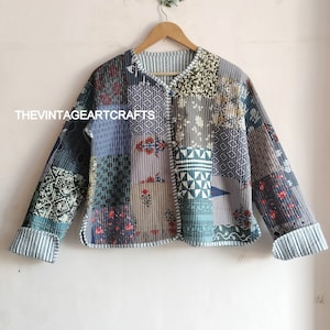 Handmade Patchwork Jacket, Hand Stitched Cotton Patchwork Jacket, Cotton Sari Kantha Coat, Short Jacket