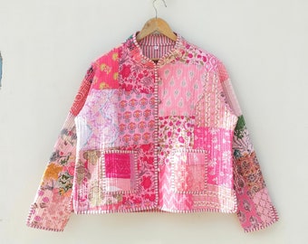 Chaqueta acolchada de algodón Las mujeres usan ribetes a rayas de kimono abierto en la parte delantera Chaqueta acolchada vintage rosa hecha a mano, abrigos, nuevo estilo, ropa de doble cara