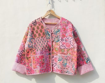 Indische Handarbeit Patchwork Vintage Steppjacke, Mäntel, New Style, Boho, Baumwolljacke Kurz Schwarz Blatt Schwarz Streifen Paspol