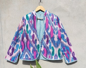 Hand Made Ikat Print Reversible Quilted JacketCoats ,New Style, Boho, Cotton Jacket Short Blue Leaf Blue Stripe Piping