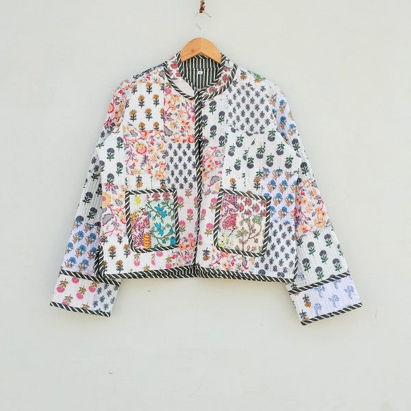 Handmade Patchwork Jacket, Hand Stitched Cotton Patchwork Jacket, Cotton Sari Kantha Coat, Short Jacket, Patch work coat, Patch Work jacket