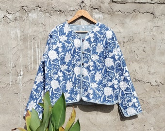 Indian Handmade Vintage Quilted Jacket , Coats ,New Style, Boho, Cotton Jacket Short Blue Leaf Blue Stripe Piping