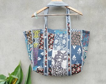 Quilted Patchwork Cotton Tote Bag: Large Indian Style Shopping Bag