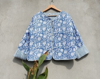Organic Cotton Quilted Jacket: Reversible Indian Block Print Boho