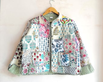 Indian Handmade patch work Vintage Quilted Jacket Coats ,New Style, Boho, Cotton Jacket Short White Leaf Black Stripe Piping