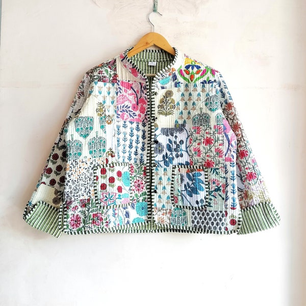 Patch indien fait main, veste matelassée vintage, manteaux, nouveau style, bohème, veste en coton courte feuille blanche, passepoil à rayures noires