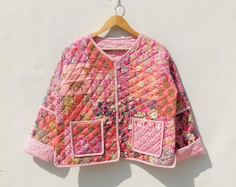 Veste kantha fabriquée à la main en coton, veste matelassée, veste matelassée vintage faite à la main, manteaux, nouveau style, arc-en-ciel vert bohème