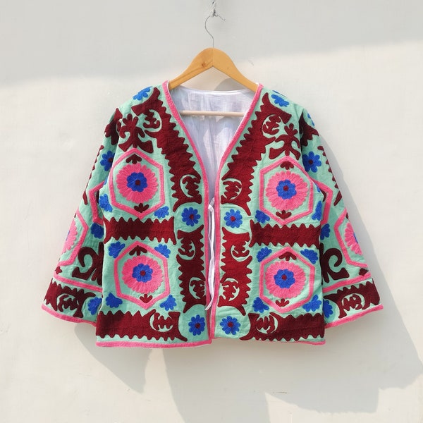 Handmade Suzani Embroidery Jacket, Winter Wear Jacket Coat, Womens Coat Suzani Short Jacket, TNT Fabric Suzani Jacket, Robe, Gift For Her