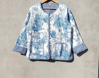 Hand Block Print Quilted Jacket : Indian Floral Cotton Coat