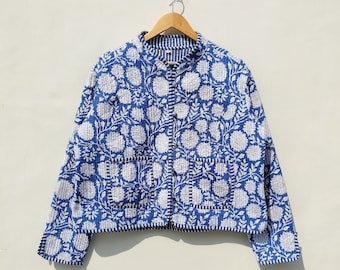 Hand Block Print Cotton Quilted Jacket: Reversible Kantha Sari Coat