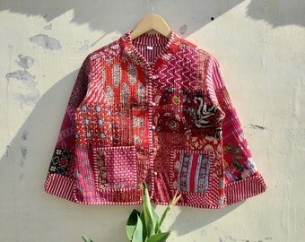 Trabajo de parche hecho a mano indio Vintage abrigos de chaqueta acolchada, nuevo estilo, Boho, chaqueta de algodón corta hoja blanca ribete de rayas negras