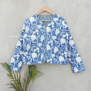 Cotton Quilted Jacket Women Wear Front Open Kimono Stripe piping HandMade Vintage Quilted Jacket , Coats , New Style, Boho Blue