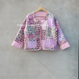 Cotton Quilted Jacket Women Wear Front Open Kimono Stripe piping HandMade Peach Vintage Quilted Jacket , Coats , New Style,.double side wear
