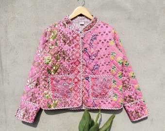 Indische Handarbeit Patchwork Vintage Steppjacke Mäntel, New Style, Boho, Baumwolljacke Kurz Weiß Blatt Schwarz Streifen Paspol