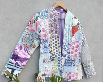 Veste Kantha en coton indien, veste Patchwork Kantha, Kimono fait main, veste matelassée à la main, robe de nuit Kimono, veste d'hiver