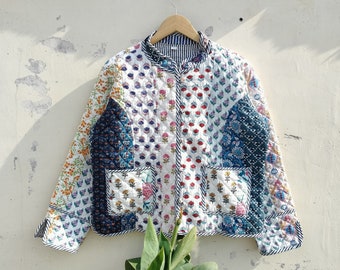 Indian Handmade patchwork Vintage Quilted Jacket Coats ,New Style, Boho, Cotton Jacket Short White Leaf Black Stripe Piping