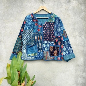 Blue Handmade Women's Kantha Jacket Indian Cotton Assorted Patchwork Kantha Jacket Hand Quilted Reversible Kantha Jacket Hippie Coat