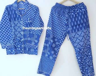 Frau Hand Block Print Baumwolle Pyjama Set, Damen Nacht Anzug, Brautjungfern PJ Set, Lockere Kleidung