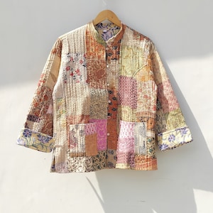 Hand Stitched Silk Saree Patchwork Jacket: Vintage Kantha Quilted Coat