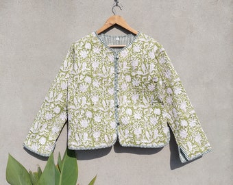 Blouson matelassé en coton réversible imprimé bloc mainVeste, manteau sari kantha en coton, veste courte