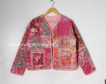 Handgenähte Patchworkjacke, Handgenähte Baumwoll-Patchworkjacke, Baumwoll Sari Kantha Mantel, Kurze Jacke, Patch Arbeitsjacke