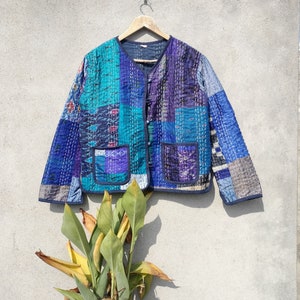 Handmade Silk Patola Kantha Jacket: Reversible Quilted Indian Coat