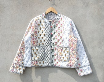 Indische Handarbeit Patchwork Vintage Steppjacke Mäntel, New Style, Boho, Baumwolljacke Kurz Weiß Blatt Schwarz Streifen Paspol