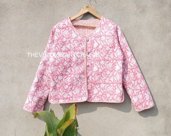 Wende-Handblock-Druck-Baumwollsteppjacke: Sari Kantha-Mantel