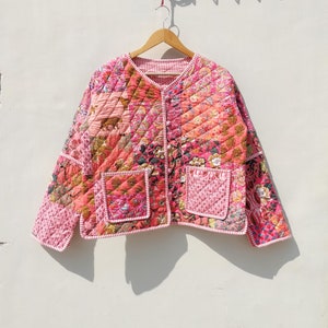 Cotton Hand Made Kantha Jacket Quilted Jacket HandMade Vintage Quilted Jacket , Coats , New Style, Boho Green Rainbow image 2