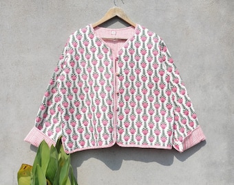 Pink Block Print Reversible Cotton Quilted Jacket