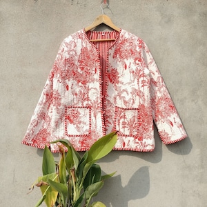 Cotton Quilted Jacket Women Wear Front Open Kimono Stripe