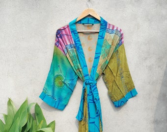 Vintage Seide Saree Kimono Brautjungfer Robe Sommerkleid Seide Morgenmantel Lange Bademantel Free Size
