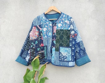 cotton hand made kantha Jacket Women Wear Front Open Kimono Stripe piping HandMade Vintage Quilted Jacket , Coats , New Style, Boho Blue