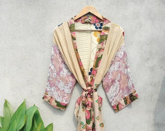 Seide Kimono Saree Stoff Sari Kaftan Nacht Robe Langes Kleid Indisches Recycling Oriental Robe Boho Jacke Japanisches Lounge Kleid