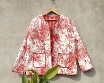Baumwoll-Steppjacke für Damen, vorne offen, Kimono-Streifen-Paspelierung, handgefertigte Vintage-Steppjacke, Mäntel, neuer Stil, doppelseitige Boho-Kleidung