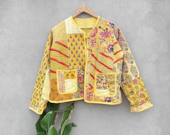 handmade kantha quitad reversible jacket long sleeve coat Women Wear Front Open Kimono Stripe piping HandMade Vintage Quilted Jacket , Coat