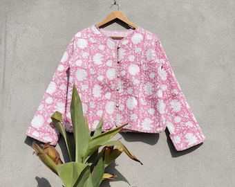 Indische Handblock-Print-Stoff-Steppjacke, kurzer Kimono, Damen tragen neuen Stil, rosa Blumenmantel