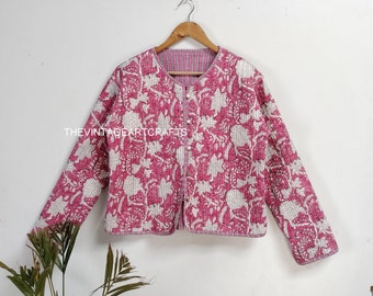 Indian HandBlock Print Fabric Quilted Jacket Short kimono Women Wear New Style Pink Flower Coat