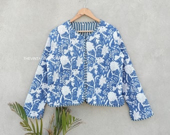 Cotton Quilted Jacket Women Wear Front Open Kimono Stripe piping HandMade Vintage Quilted Jacket , Coats , New Style, Boho Blue
