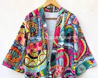 Robes Hand Made Kantha Quilted Kimono Jacket Embroidery Jacket Gifts For Her, Womens Wear Kimono front size open jacket