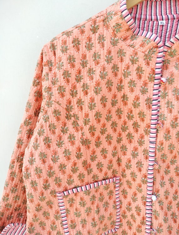 Veste Réversible Femme Kantha - Imprimé Floral, Fait Main En Inde, Court, Bloc Matelassé