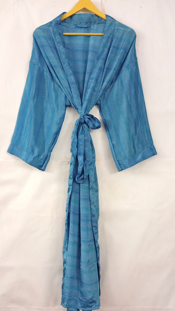 Recycled Crepe Silk Tie Dye Sari Boho Kimonos Regal House Robe Purple Green Aqua Embroidered Spring Summer Artistic Duster Beach Coverup