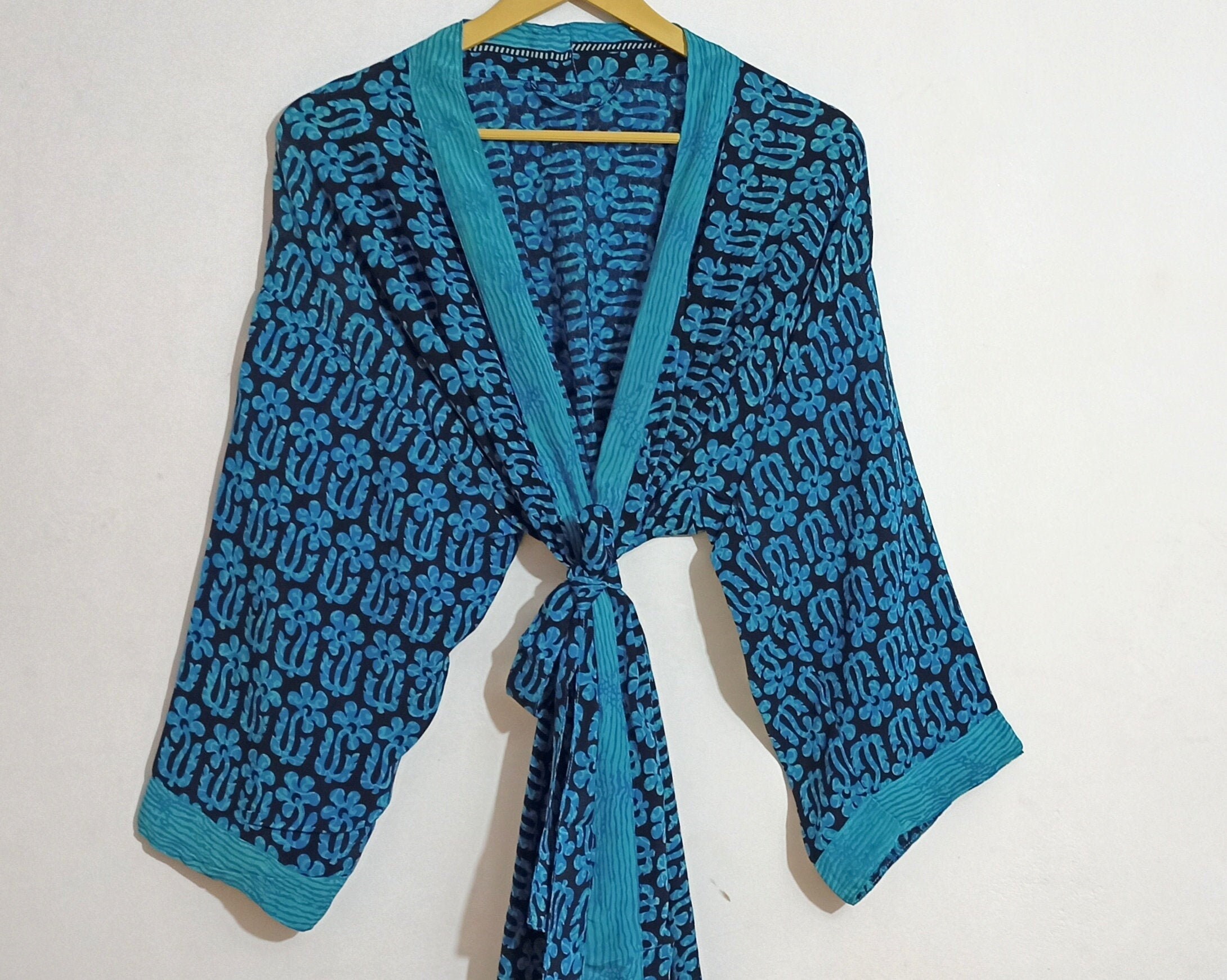 Recycled Crepe Silk Tie Dye Sari Boho Kimonos Regal House Robe Purple Green Aqua Embroidered Spring Summer Artistic Duster Beach Coverup