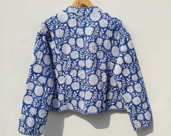 AMERI ★ INDIA BLOCK PRINT JACKET Hand Block Print Cotton Quilted Jacket: White & Blue Leaf