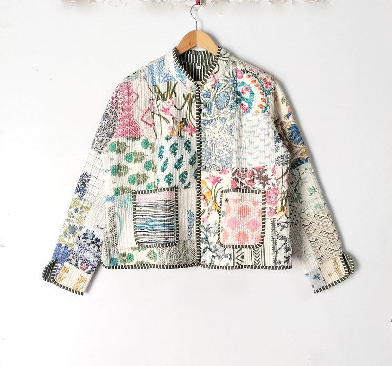 cotton quilted women wear jacket front open kimono strip piping handmade vintage cotton jacket Patchwork Quilted Jackets Cotton Floral image 1