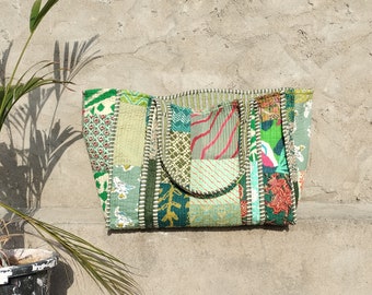 Quilted Patchwork Cotton Tote Bag: Reversible Travel Shopping Bag