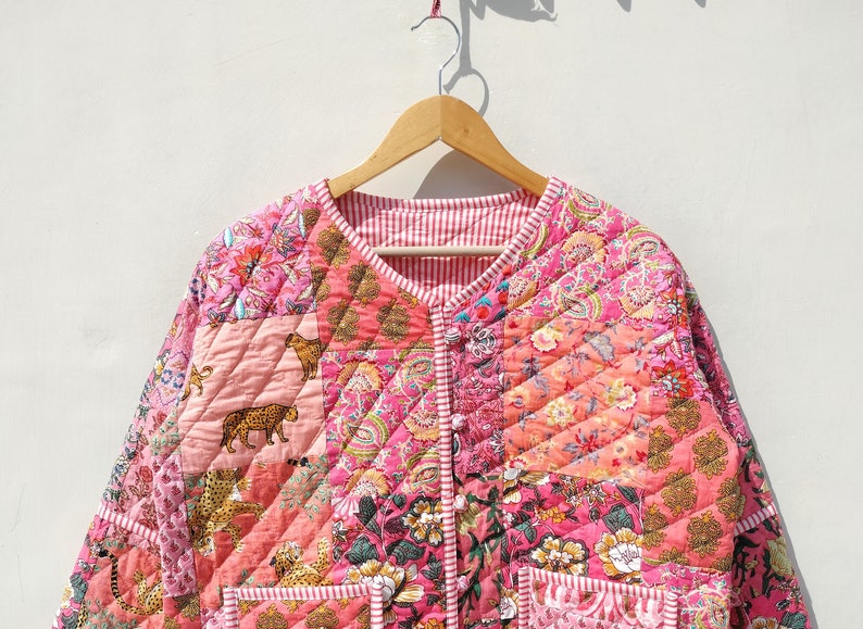 Baumwolle Handgemachte Kantha Jacke Steppjacke Handgefertigte Vintage Steppjacke, Mäntel, neuer Stil, Boho Grüner Regenbogen Bild 7