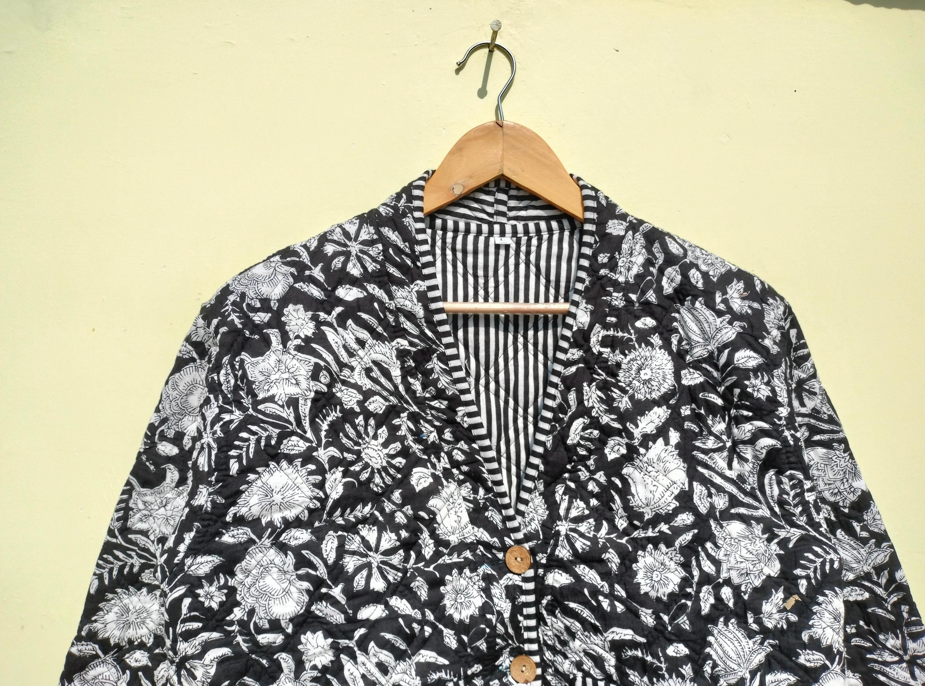 Indian Block Print Fabric Quilted Jacket Short Kimono Stripe
